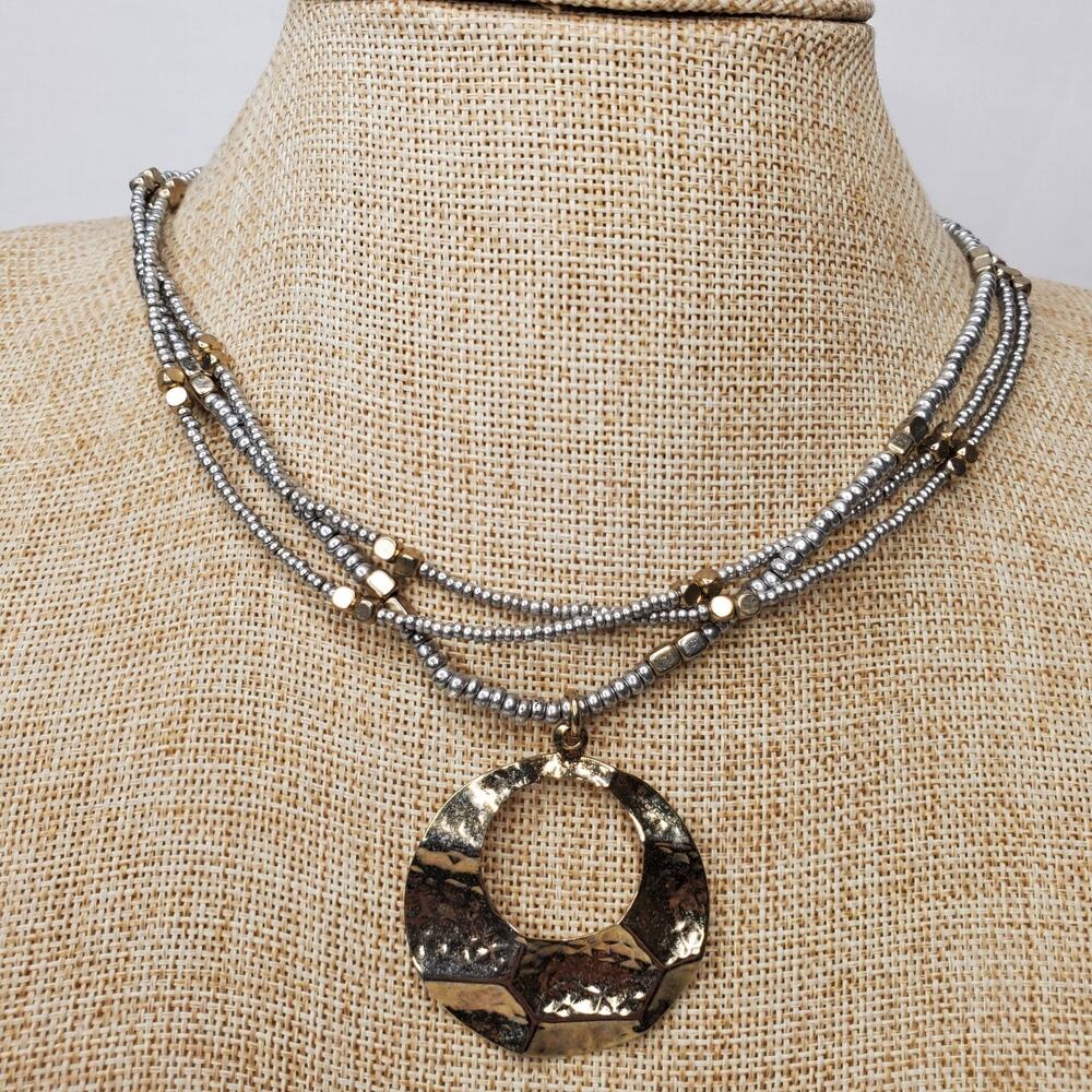 Vintage Necklace Gold & Silver Tone Seed Beads w/ Round Pendant 16 Inch